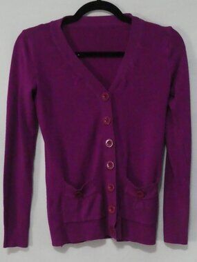 Classic Purple V-Neck Button-Up Cardigan Sweater With Button Pockets - P2P 16"